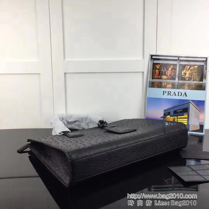 普拉達PRADA原單 2vG030-9 黑色原單駝鳥紋PRADA男士商務公事包 PHY1606